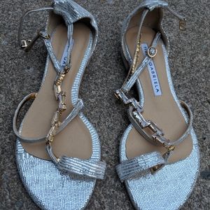 Women's Gabriela Silver Leather Jeweled Sandals 5M